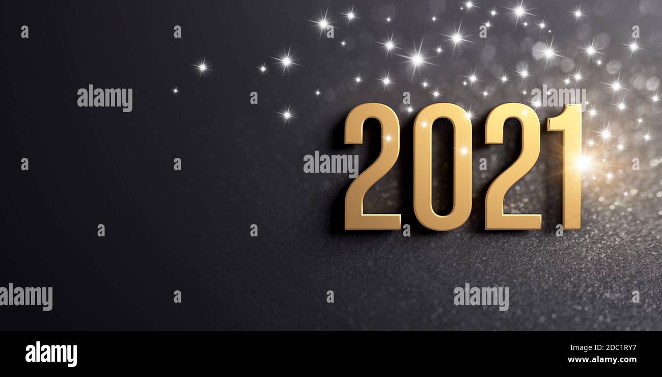 Carte de vœux du nouvel an 2021. Numéro de date en or sur fond noir festif, avec des paillettes et des étoiles - illustration 3D Banque D'Images