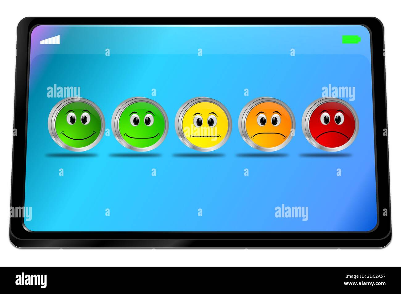 Tablette avec boutons de commentaires sur le bureau bleu - illustration 3D Banque D'Images