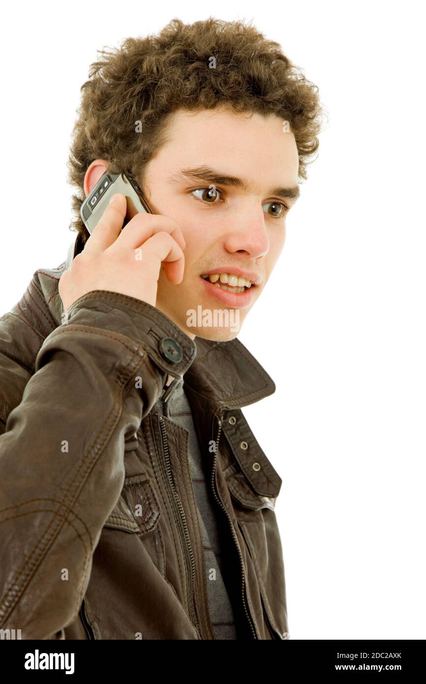 Jeune homme au téléphone, isolated on white Banque D'Images