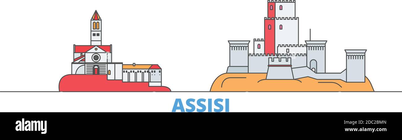 Italie, ligne d'Assise paysage urbain, vecteur plat. Monument de la ville de voyage, illustration d'oultine, icônes du monde de ligne Illustration de Vecteur