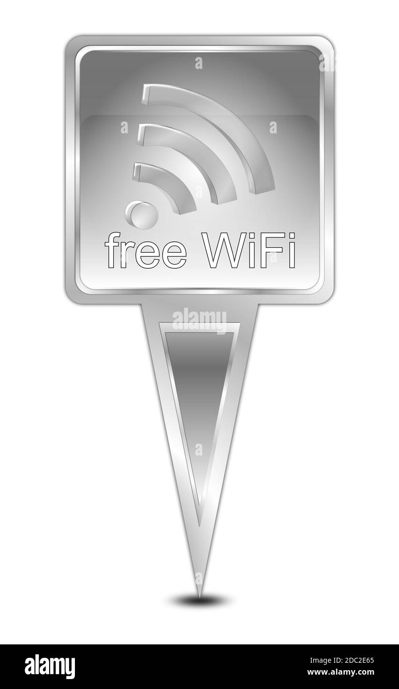 Pointeur de carte argenté avec symbole Wi-Fi gratuit – illustration Banque D'Images
