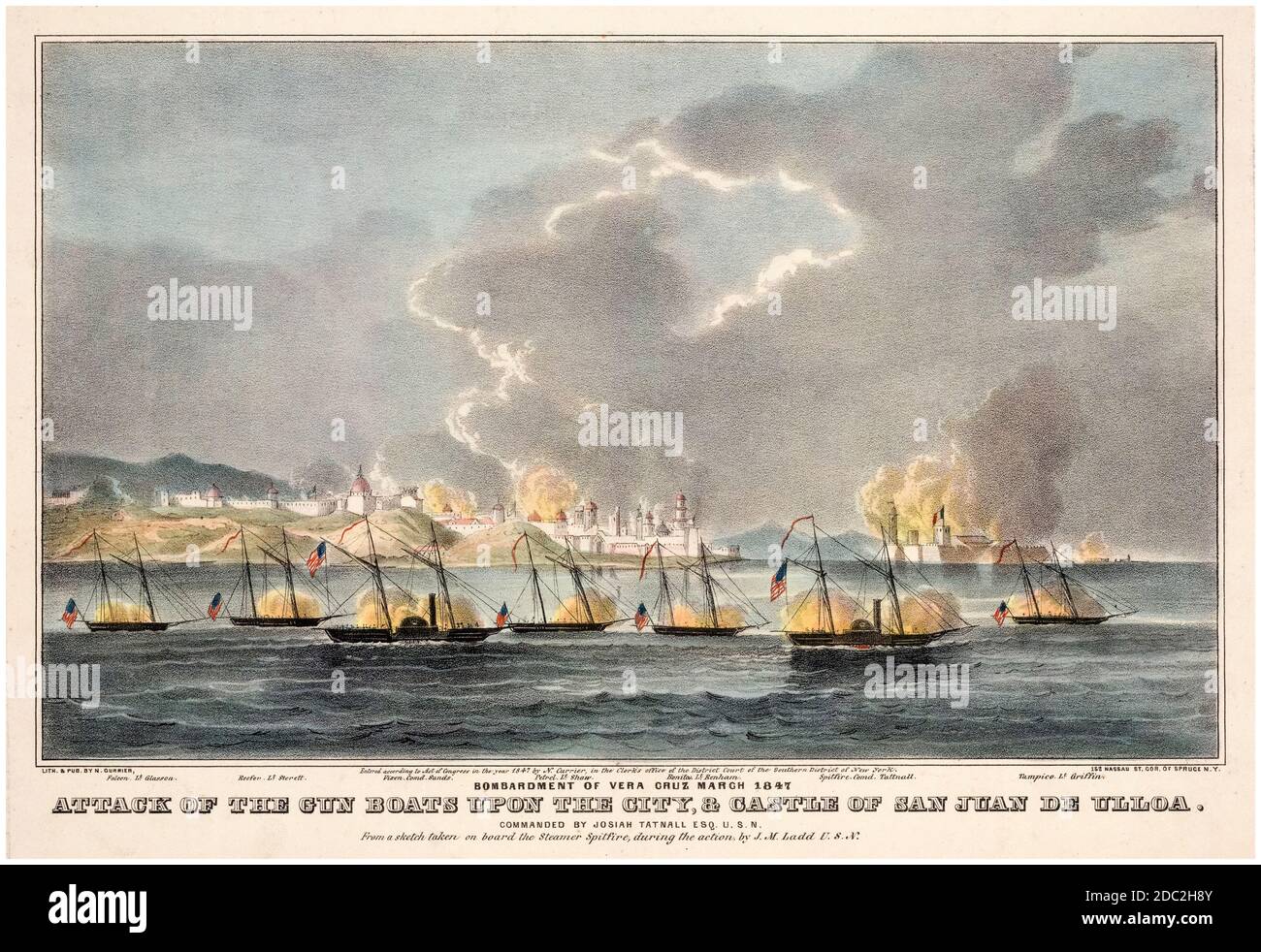 Attaque des bateaux à canon sur la ville et le château de San Juan de Ulúa pendant le siège de Veracruz en mars 1847 pendant la guerre Mexico-américaine (1846-1848), imprimé par Nathaniel Currier, 1848 Banque D'Images