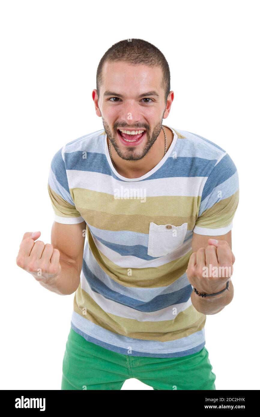 Jeune homme heureux gagnant, isolated on white Banque D'Images