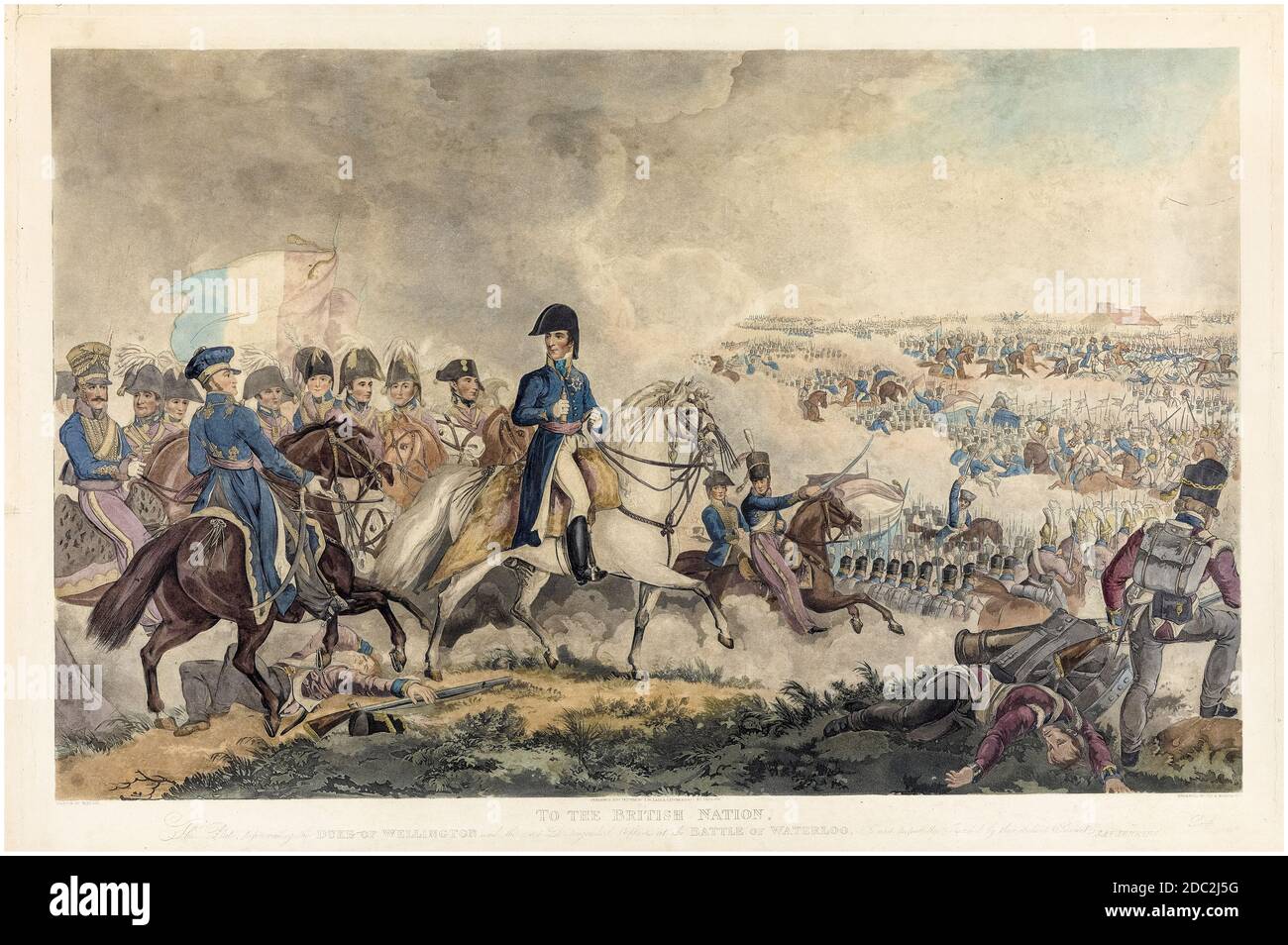 Duc de Wellington et ses officiers à la bataille de Waterloo, 18 juin 1815, imprimé par Thomas Sutherland après William Heath, 1836 Banque D'Images