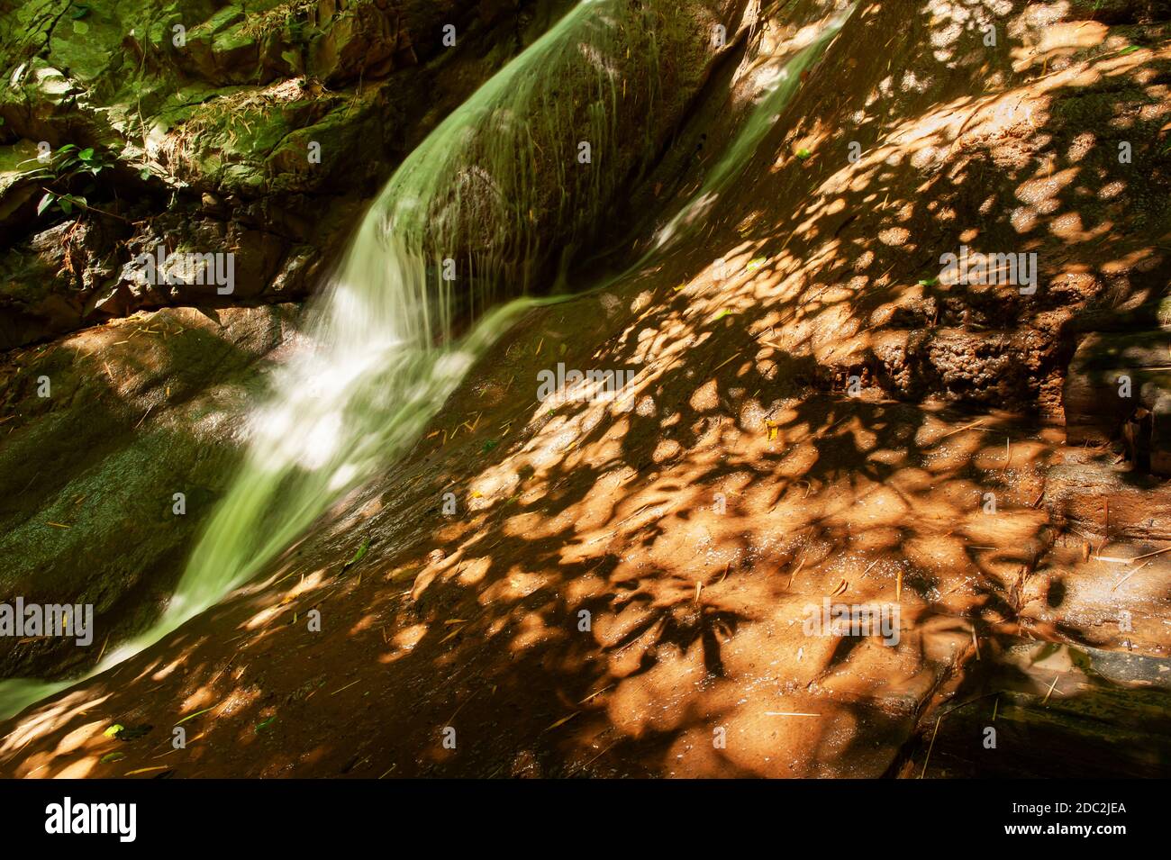 Cascade abstraite sous l'ombre des arbres sauvages pendant l'été ensoleillé, forme d'art de l'ombre des feuilles et des branches peint sur des pierres et la surface de l'eau. Banque D'Images