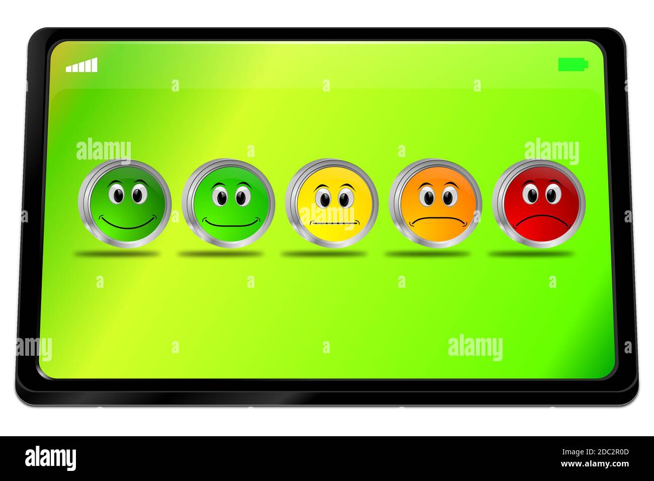 Tablette avec boutons de commentaires sur le bureau vert - illustration 3D Banque D'Images