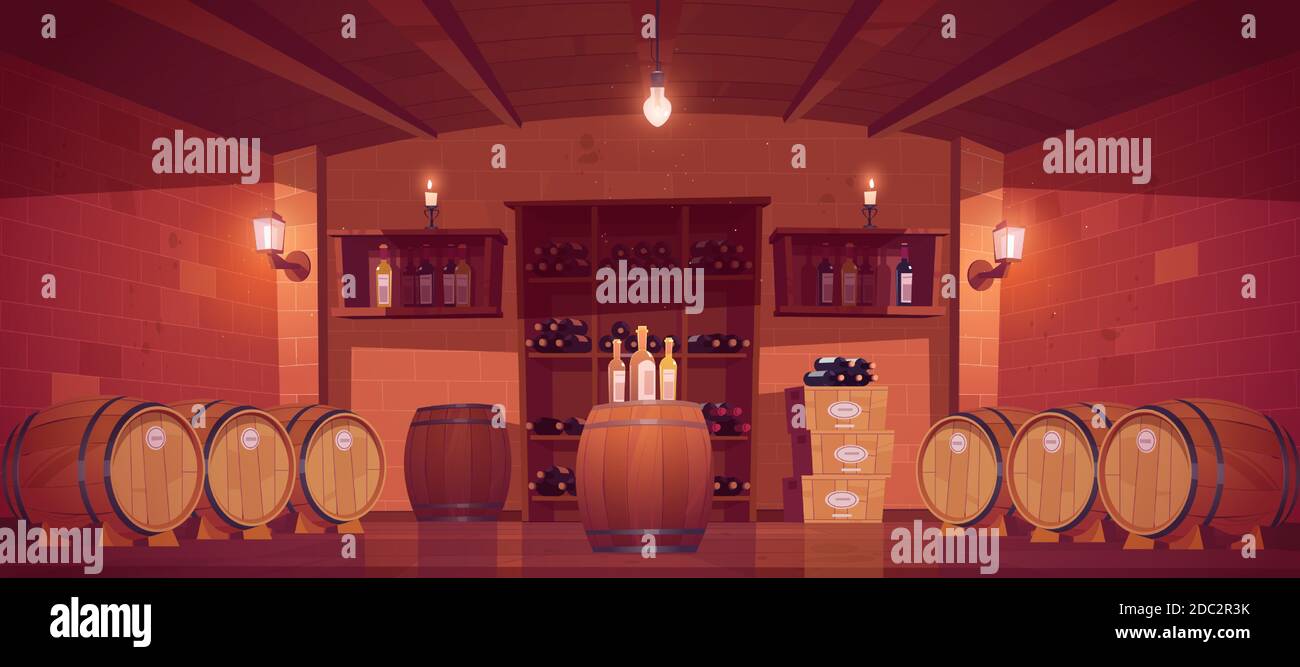 Magasin de vins, cave intérieure avec fûts en bois, étagères avec bouteilles en verre, boîtes avec lampes de production et de lueur ou bougies. Magasin de boissons alcoolisées dans le sous-sol du bâtiment. Illustration vectorielle de dessin animé Illustration de Vecteur