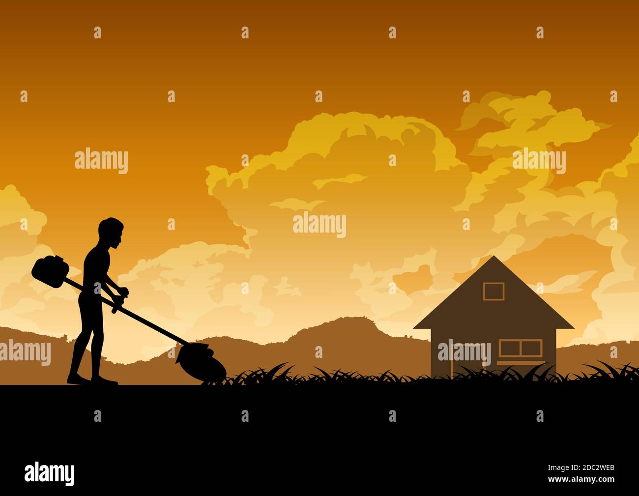 silhouette de l'homme tond la pelouse, illustration vectorielle Illustration de Vecteur