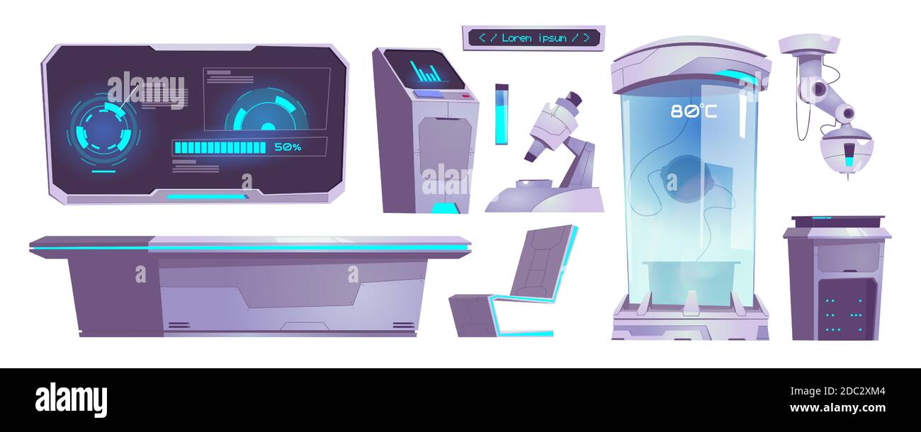 Matériel de laboratoire de sciences modernes, microscope, tube chimique, ordinateur et table isolés sur fond blanc. Ensemble de dessins animés vectoriels d'icônes technologiques de laboratoire scientifique pour les tests et les analyses Illustration de Vecteur