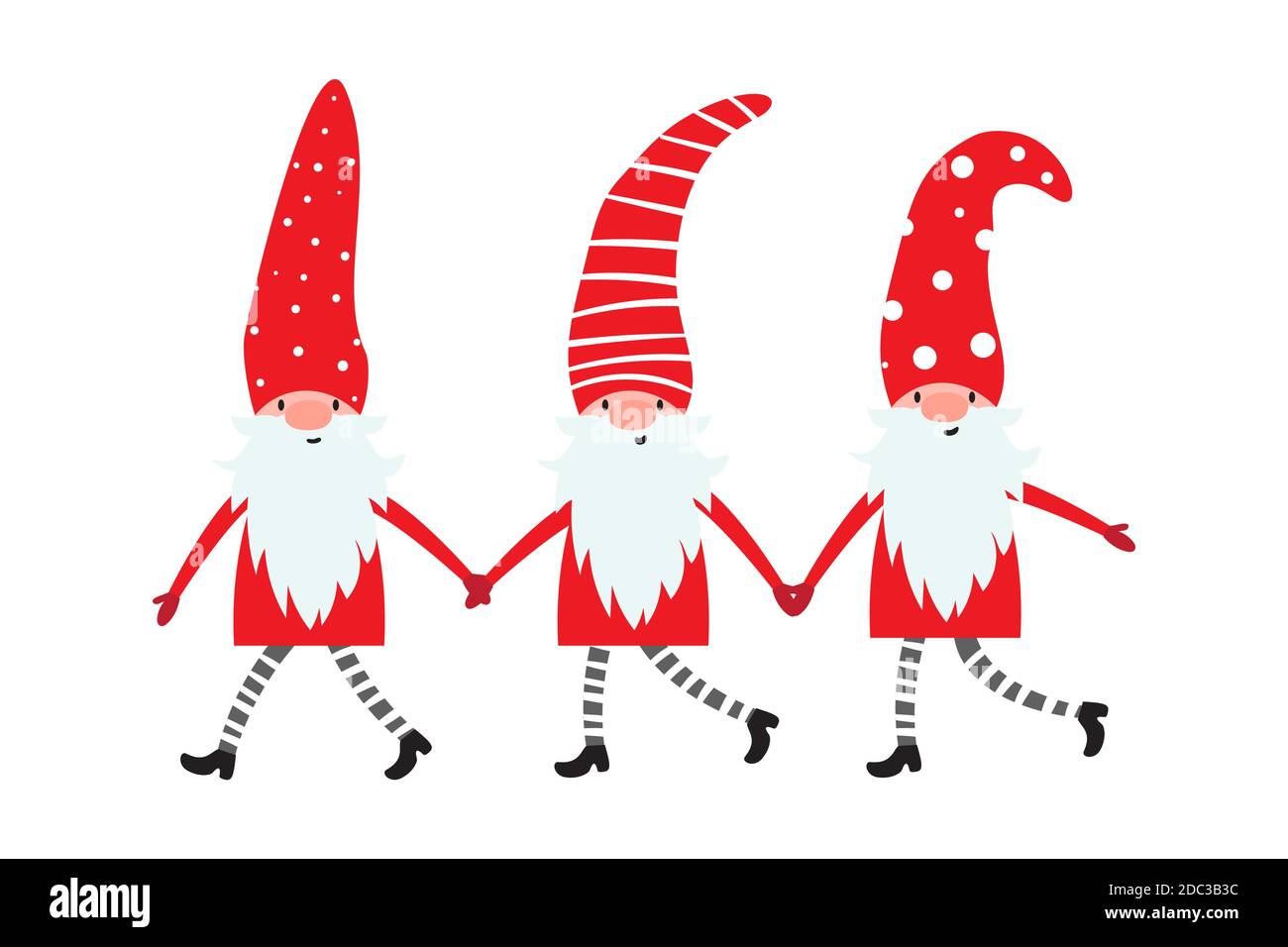 Ensemble de jolis gnomes de noël dans des chapeaux amusants et tenant les mains. Illustration vectorielle des elfs du nord, dessin animé des nains scandinaves. Éléments de Noël pour Illustration de Vecteur