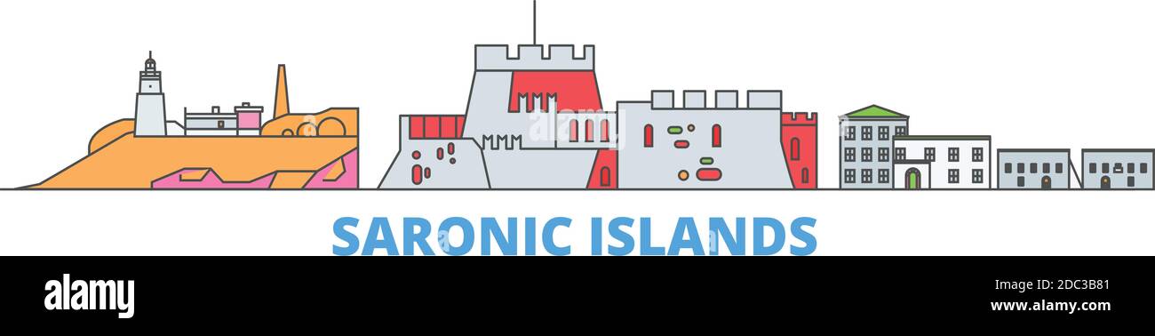 Grèce, Iles Saroniques ligne paysage urbain, vecteur plat. Monument de la ville de voyage, illustration d'oultine, icônes du monde de ligne Illustration de Vecteur