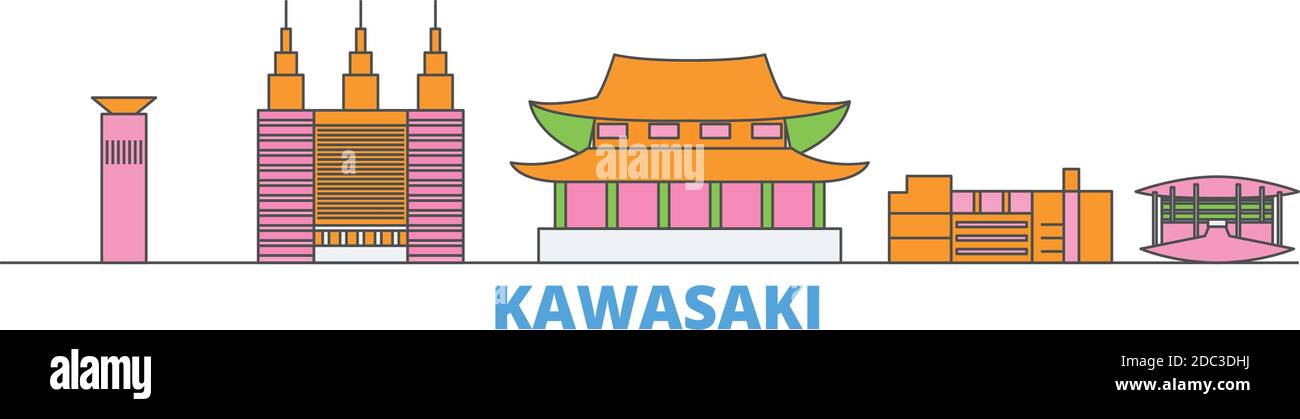 Japon, ligne Kawasaki paysage urbain, vecteur plat. Monument de la ville de voyage, illustration d'oultine, icônes du monde de ligne Illustration de Vecteur