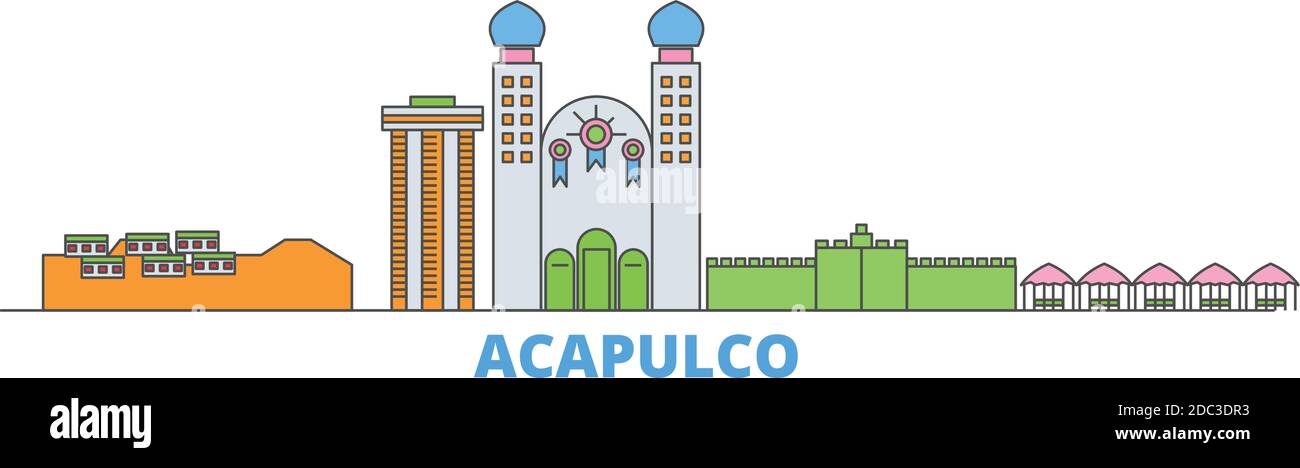 Mexique, Acapulco ligne paysage urbain, vecteur plat. Monument de la ville de voyage, illustration d'oultine, icônes du monde de ligne Illustration de Vecteur