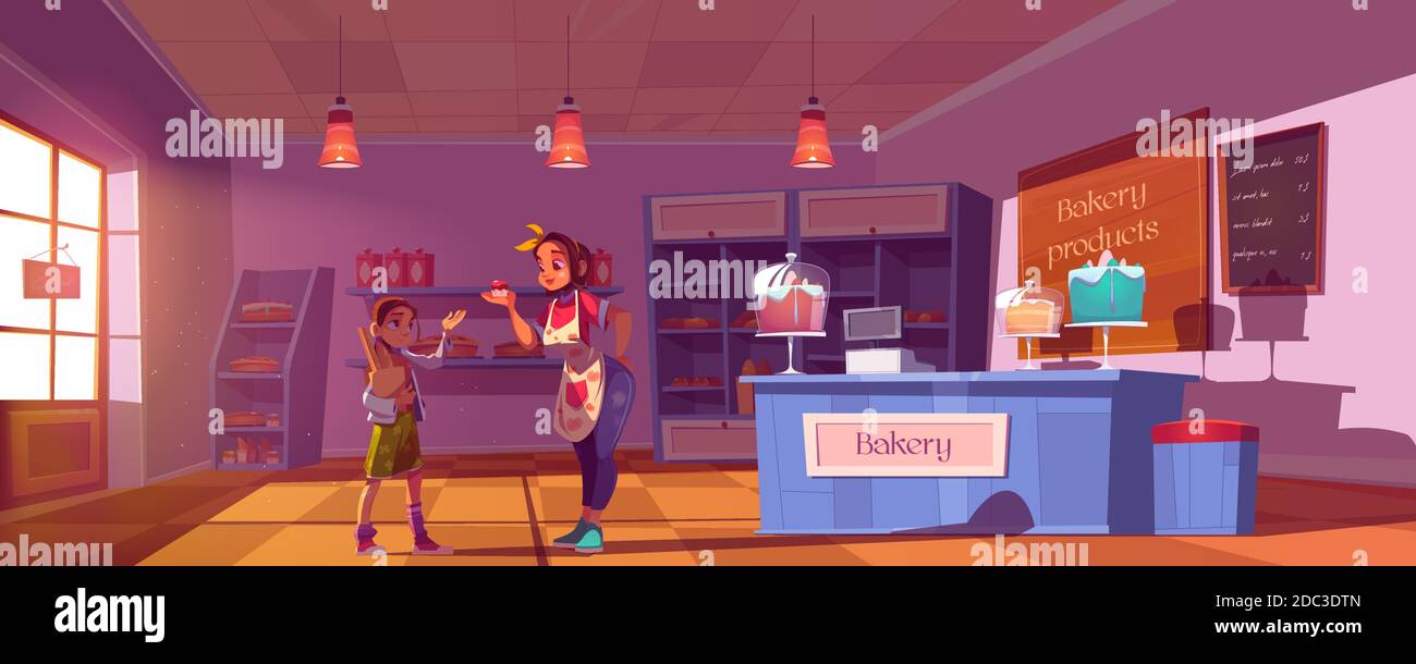 Illustration Vectorielle De Dessin Anime De Confiserie Fille Achetant Des Produits Dans La Boulangerie Femme Proprietaire De La Maison De Cuisson Donnant Le Gateau Sucre A Petit Client Tenant Papier Paquet De Illustration Vectorielle De Dessin Anime De Confiserie Fille Achetant Des Produits Dans La Boulangerie Femme Proprietaire De La Maison De Cuisson Donnant Le Gateau Sucre A Petit Client Tenant Papier Paquet De