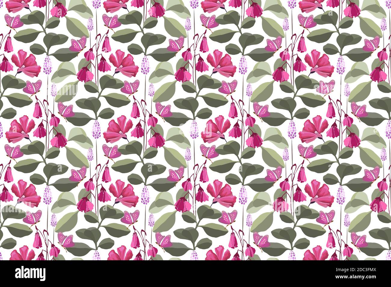 Motif fleuri vectoriel sans couture avec papillons roses, fleurs roses et violettes. Illustration de Vecteur