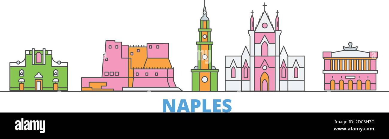 Italie, Naples ligne paysage urbain, vecteur plat. Monument de la ville de voyage, illustration d'oultine, icônes du monde de ligne Illustration de Vecteur