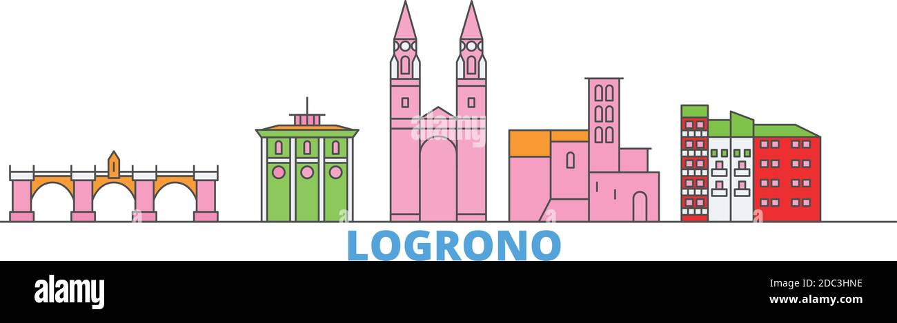 Espagne, ligne de Logrono paysage urbain, vecteur plat. Monument de la ville de voyage, illustration d'oultine, icônes du monde de ligne Illustration de Vecteur