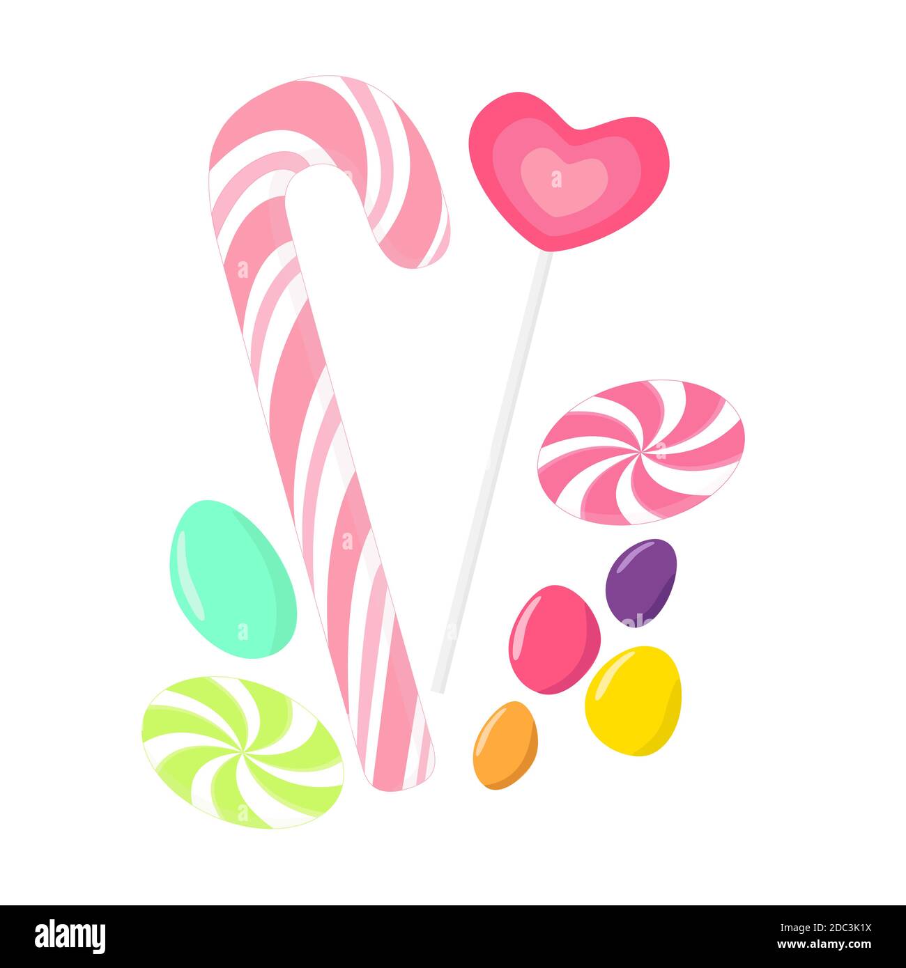 Collection de bonbons avec bonbons en forme de coeur, bonbon, canne à sucre, caramel et chocolat de couleur cailloux, isolés sur fond blanc Illustration de Vecteur