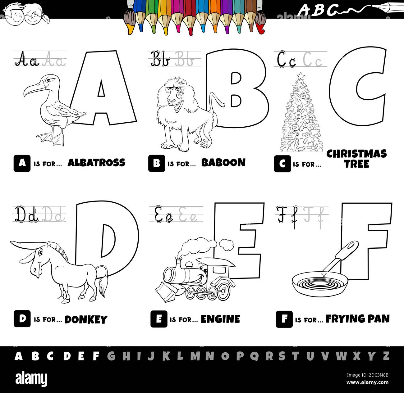 Dessin animé noir et blanc représentant des lettres majuscules de l'alphabet kit éducatif pour la pratique de la lecture et de l'écriture pour les enfants de Couleur a à F Illustration de Vecteur