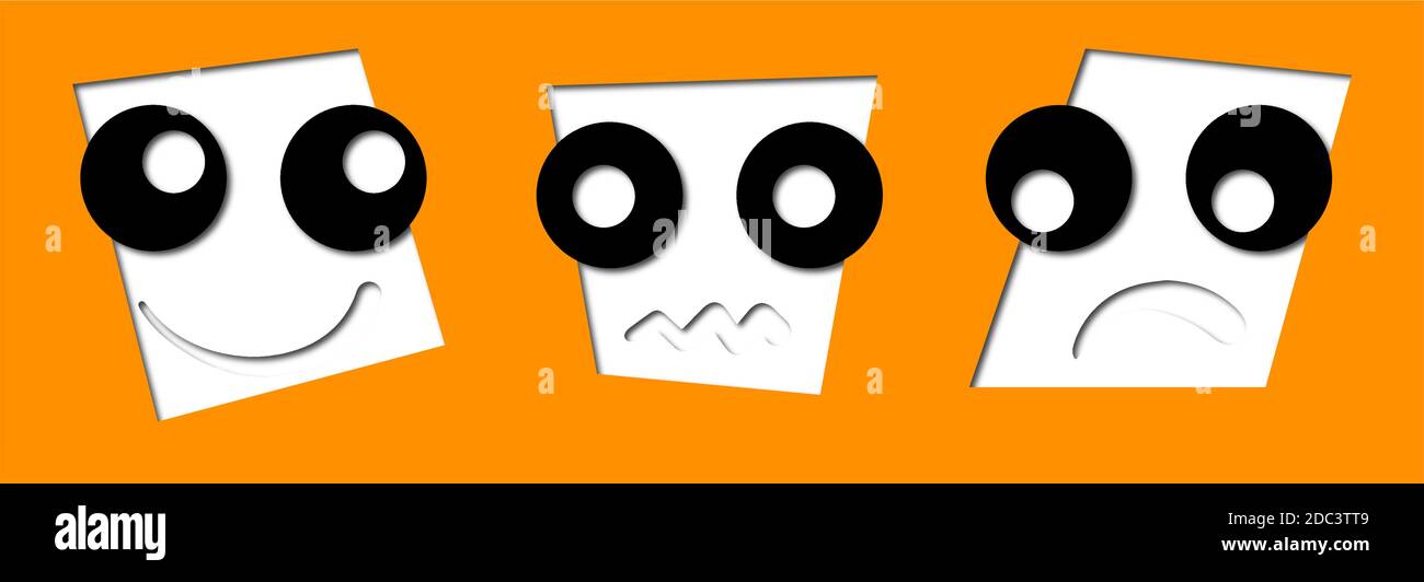 ensemble de trois smileys d'émotions - sourire, neutre et bouleversé. Yeux et bouches sur papier isolés. Qualité et commentaires image vectorielle conceptuelle eps10. Illustration de Vecteur
