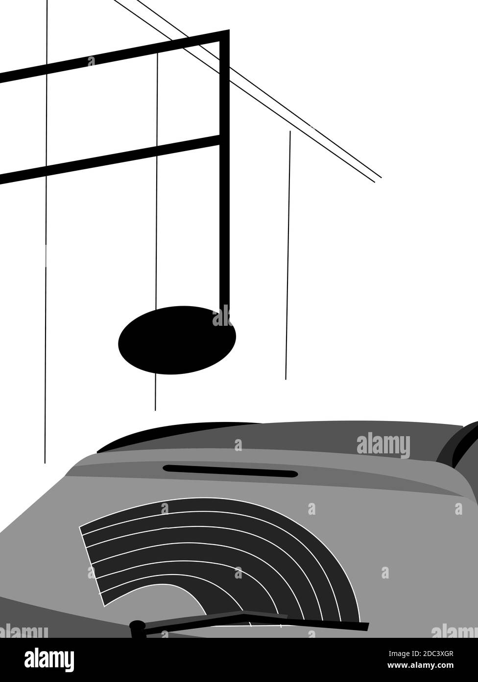 illustration d'une voiture non lavée qui ressemble à un gramophone jouant de la musique, isolée sur blanc Banque D'Images