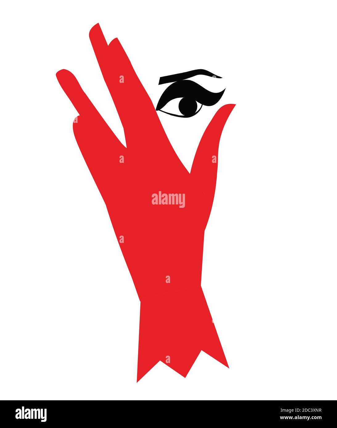 illustration d'une jeune fille qui a l'air mystérieuse à travers son gant rouge, isolée sur blanc Banque D'Images