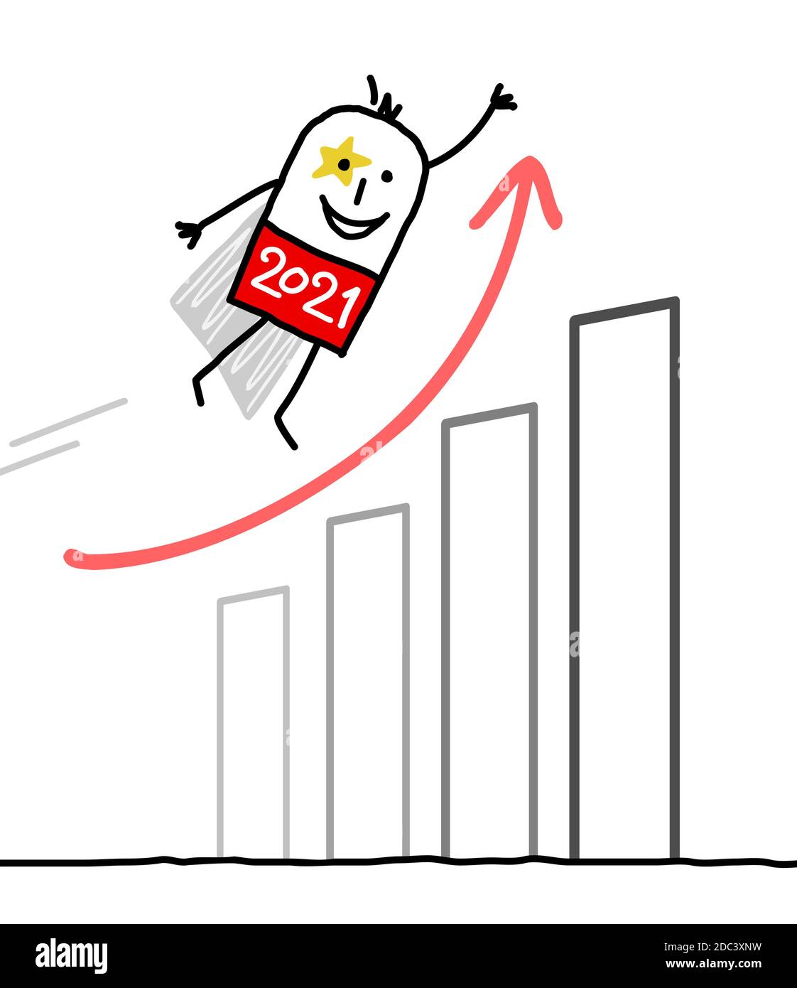 Dessin main Cartoon 2021 Super Hero avec une économie optimiste graphique Illustration de Vecteur