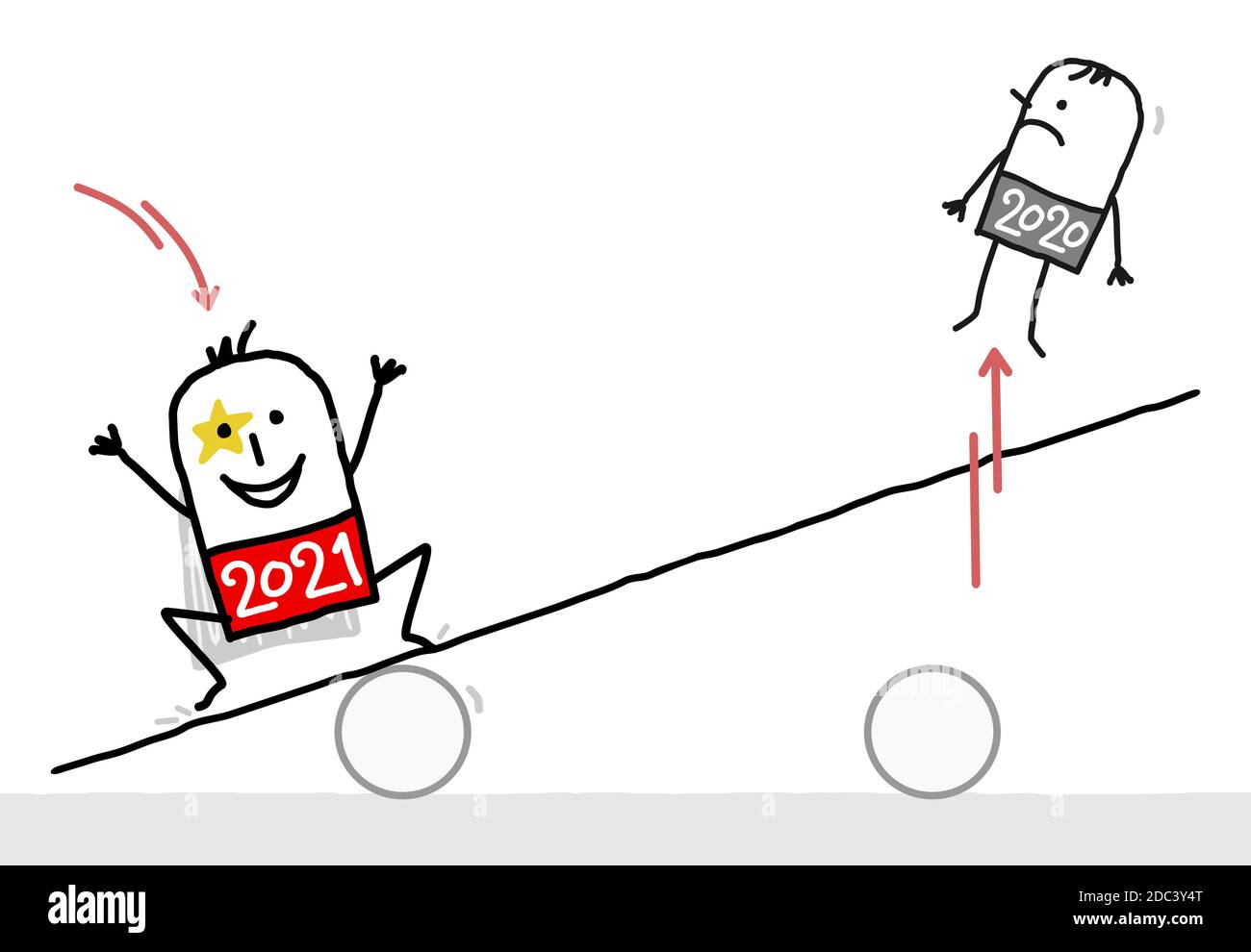 Dessin à la main du dessin du dessin du Cartoon 2021 Super Hero qui saute sur un plateau de mesure, et qui tombe d'un homme de 2020 Illustration de Vecteur