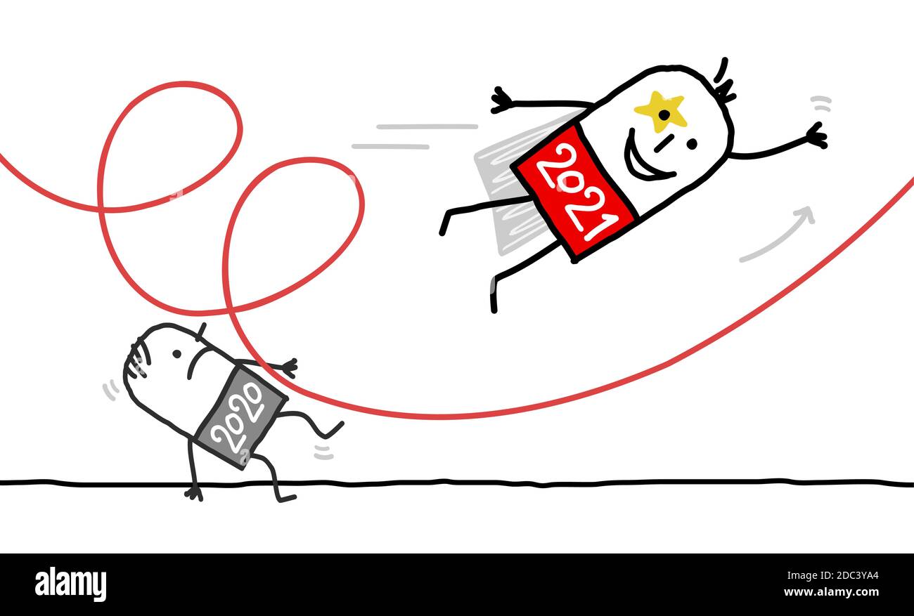Dessin à la main Cartoon 2021 volant et Looping Super Hero, poussant vers le bas un 2020 homme Illustration de Vecteur