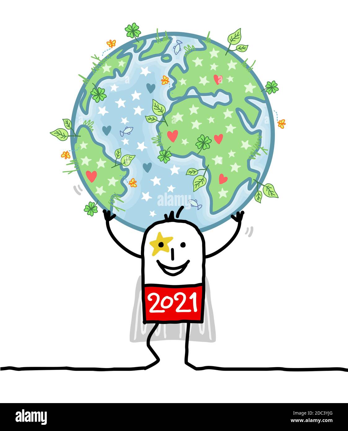 Dessin main Cartoon 2021 Super Hero porter la Terre, naturel et paisible Illustration de Vecteur