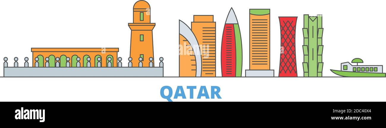Qatar, Doha line paysage urbain, vecteur plat. Monument de la ville de voyage, illustration d'oultine, icônes du monde de ligne Illustration de Vecteur