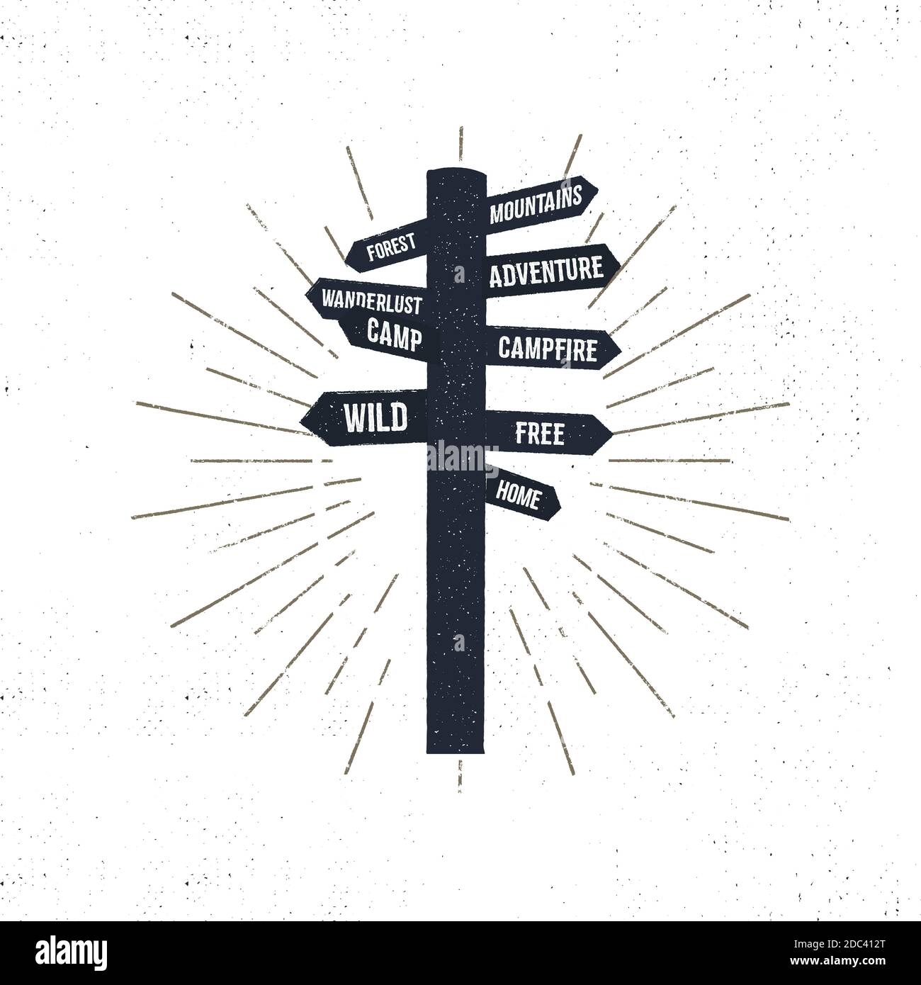 Icône représentant un panneau dessiné à la main avec des coups de soleil. Rétro-isolé. Divers panneaux de voyage - Wanderlust, camping, nature sauvage et ainsi de suite. Illustration de . Rugueux Banque D'Images