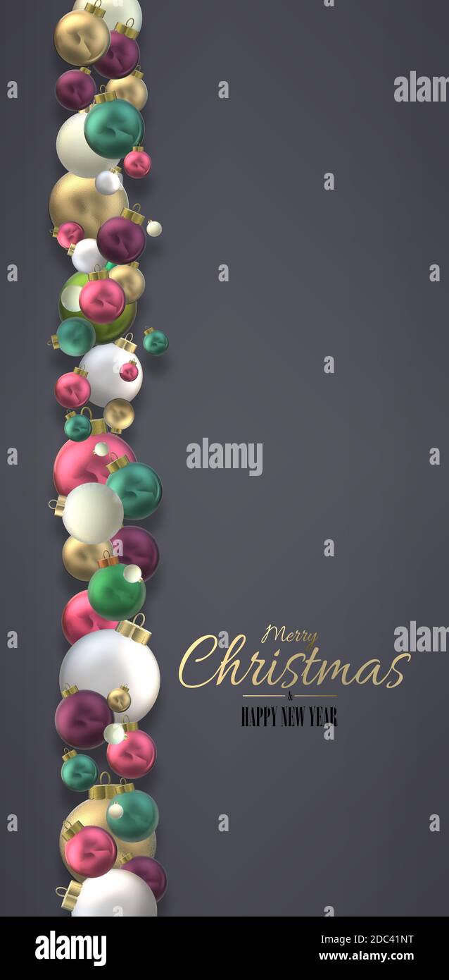 Bordure festive de Noël avec boules 3D réalistes sur fond gris foncé. Conception de rendu 3D Flat lay pour en-tête, bande. Texte doré joyeux Noël bonne année Banque D'Images