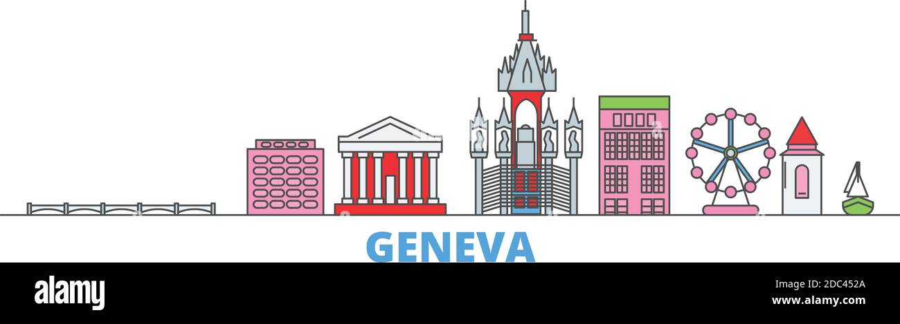Suisse, Genève ligne paysage urbain, vecteur plat. Monument de la ville de voyage, illustration d'oultine, icônes du monde de ligne Illustration de Vecteur