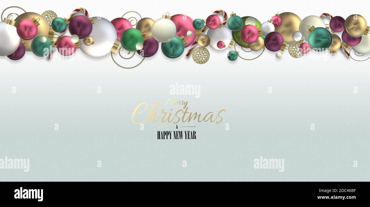 La bordure blanche des fêtes de Noël est ornée de boules réalistes en 3D, de boules et de symboles Noël. Motif Noël festif nouvel an pour affiche supérieure, Web, invitation. Placer pour le texte. Illustration 3D horizontale sur blanc Banque D'Images
