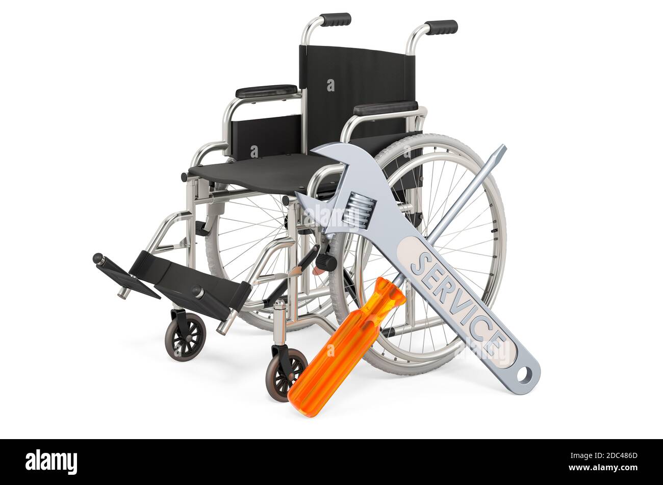 Entretien et réparation d'un fauteuil roulant manuel, rendu 3D isolé sur fond blanc Banque D'Images