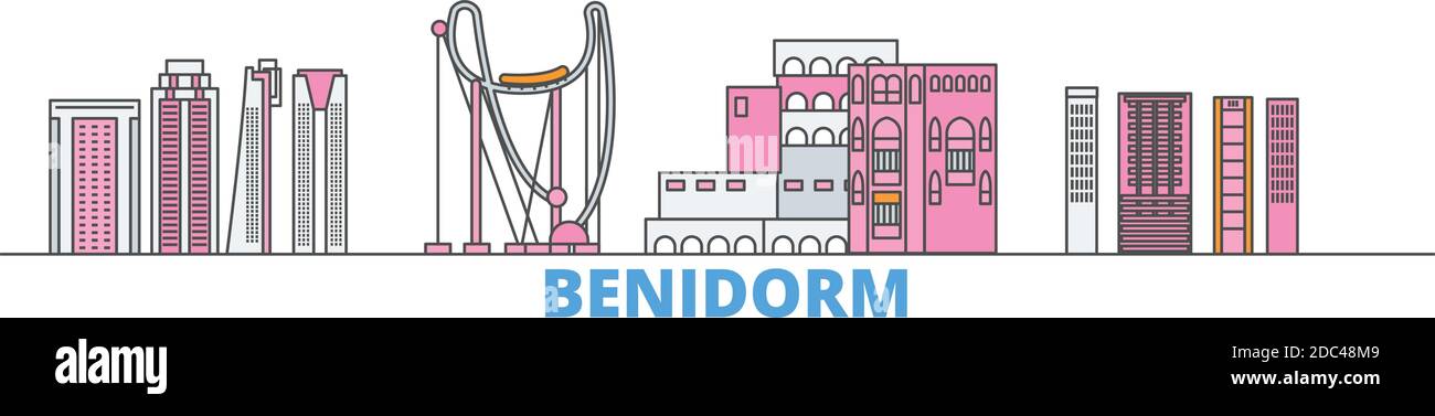 Espagne, Benidorm ligne paysage urbain, vecteur plat. Monument de la ville de voyage, illustration d'oultine, icônes du monde de ligne Illustration de Vecteur