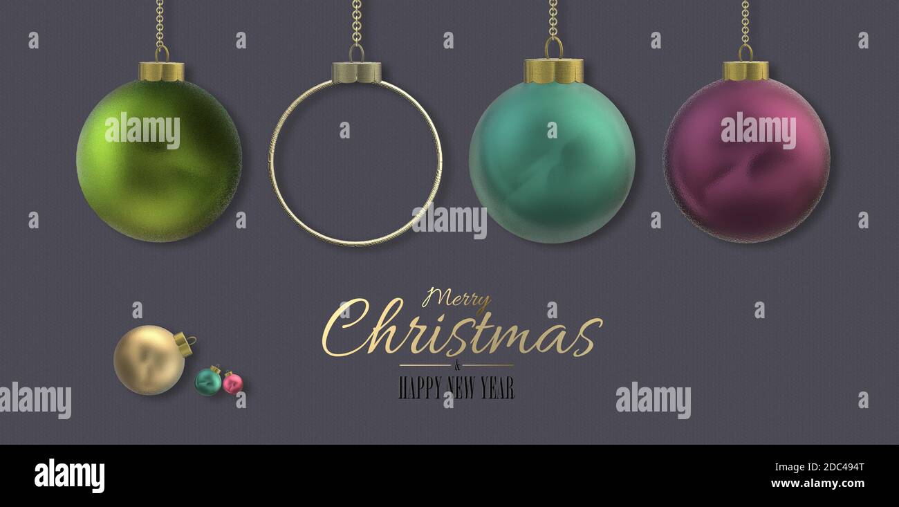 Bannière de Noël avec boules de Noël réalistes en 3D sur fond pastel foncé. Texte doré Joyeux Noël Bonne Année. Illustration 3D. Motif de vacances horizontal Banque D'Images