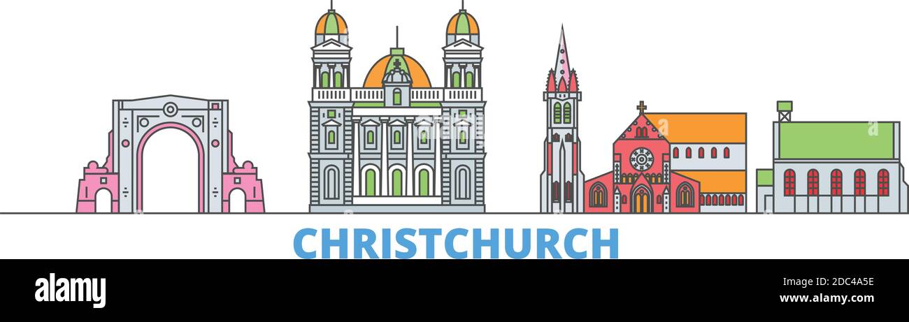 Nouvelle-Zélande, Christchurch line Cityscape, vecteur plat. Monument de la ville de voyage, illustration d'oultine, icônes du monde de ligne Illustration de Vecteur