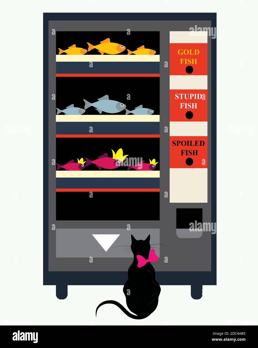illustration d'un chat à un distributeur automatique essayant de choisir entre 3 types de poisson, humoristique concept Banque D'Images