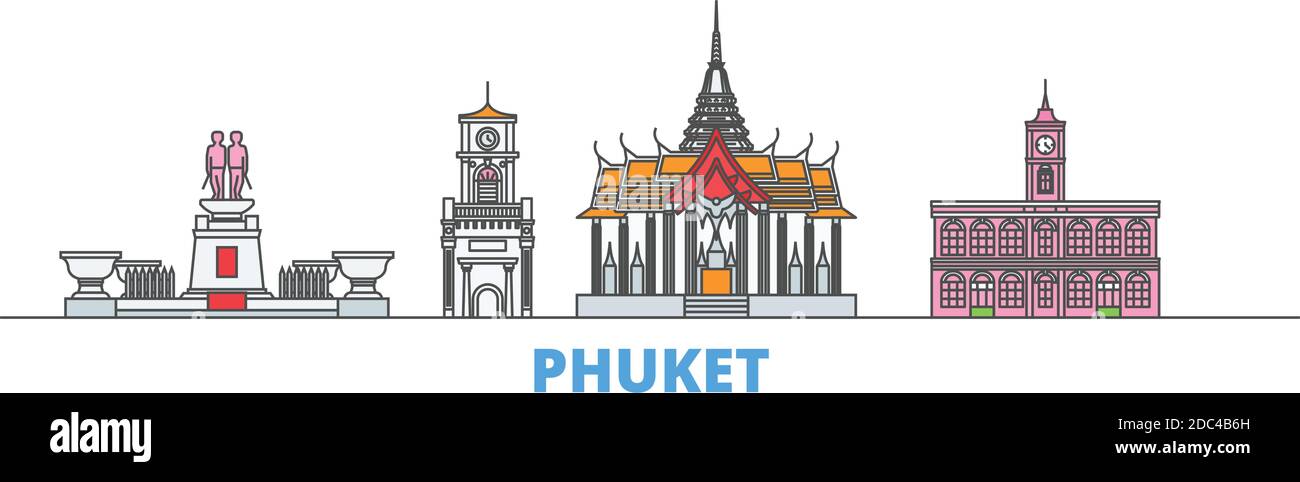Thaïlande, Phuket line Cityscape, vecteur plat. Monument de la ville de voyage, illustration d'oultine, icônes du monde de ligne Illustration de Vecteur