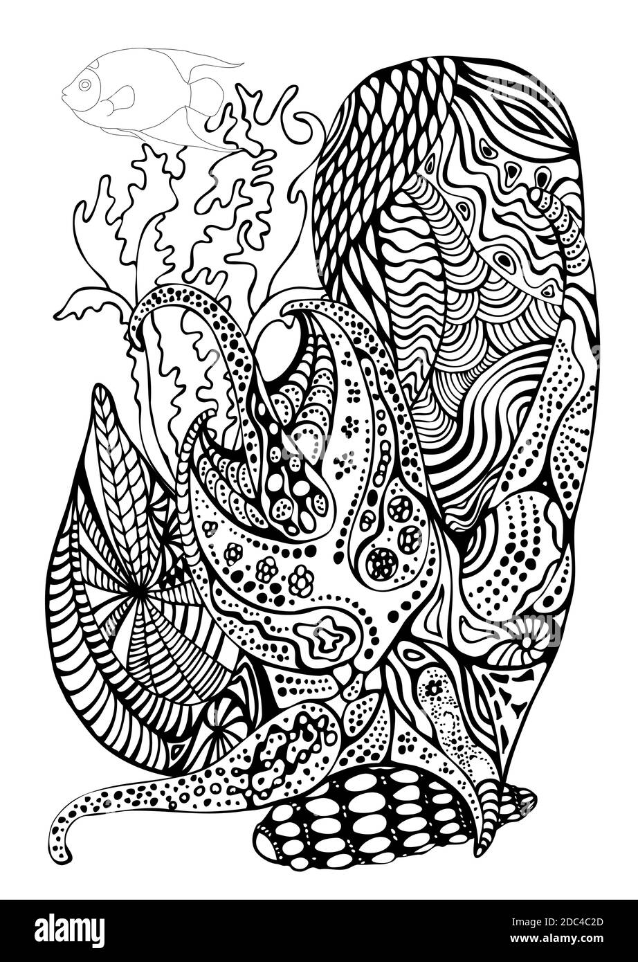 Page dessinée à la main en style zendoodle pour livre de coloriage pour adultes. Motifs marins et floraux abstraits avec poissons de corail, coquillages et algues. Éléments pour Illustration de Vecteur