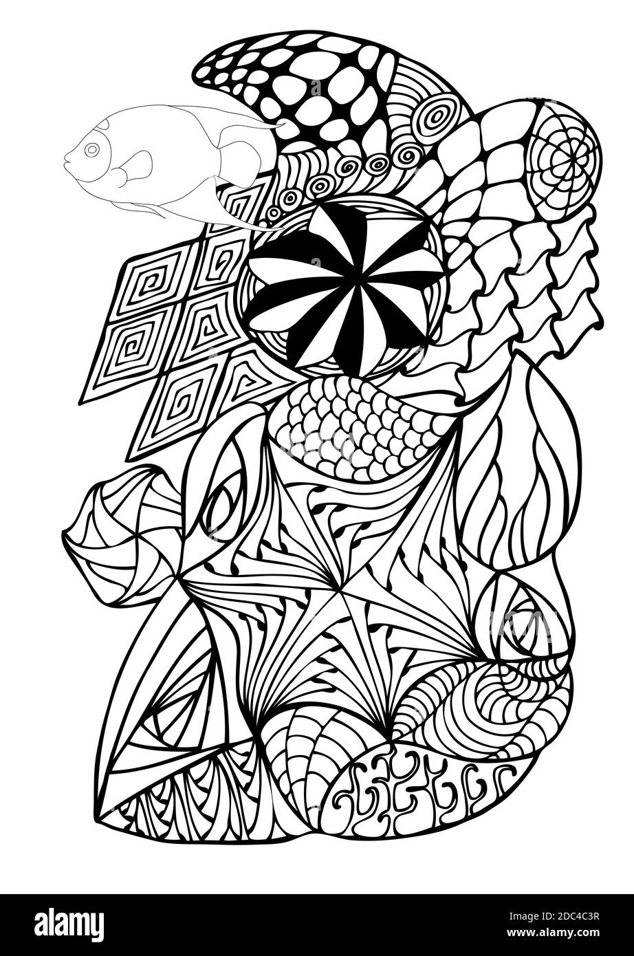 Page dessinée à la main en style zendoodle pour livre de coloriage pour adultes. Motifs marins et floraux abstraits avec poissons de corail, coquillages et algues. Éléments pour Illustration de Vecteur
