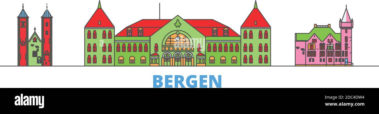 Norvège, Bergen line City Scape, vecteur plat. Monument de la ville de voyage, illustration d'oultine, icônes du monde de ligne Illustration de Vecteur