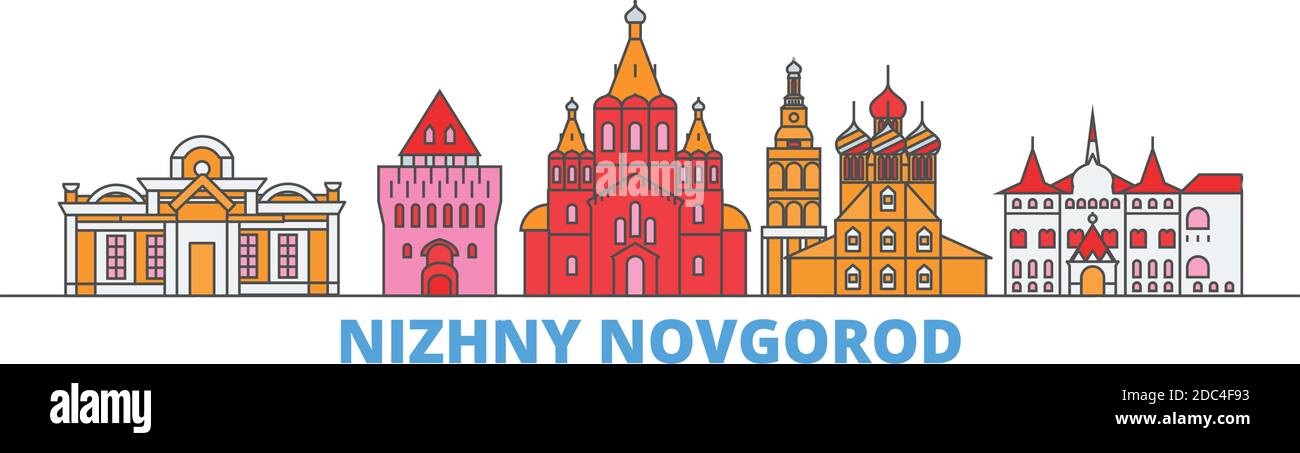 Russie, Nizhny Novgorod ligne paysage urbain, vecteur plat. Monument de la ville de voyage, illustration d'oultine, icônes du monde de ligne Illustration de Vecteur