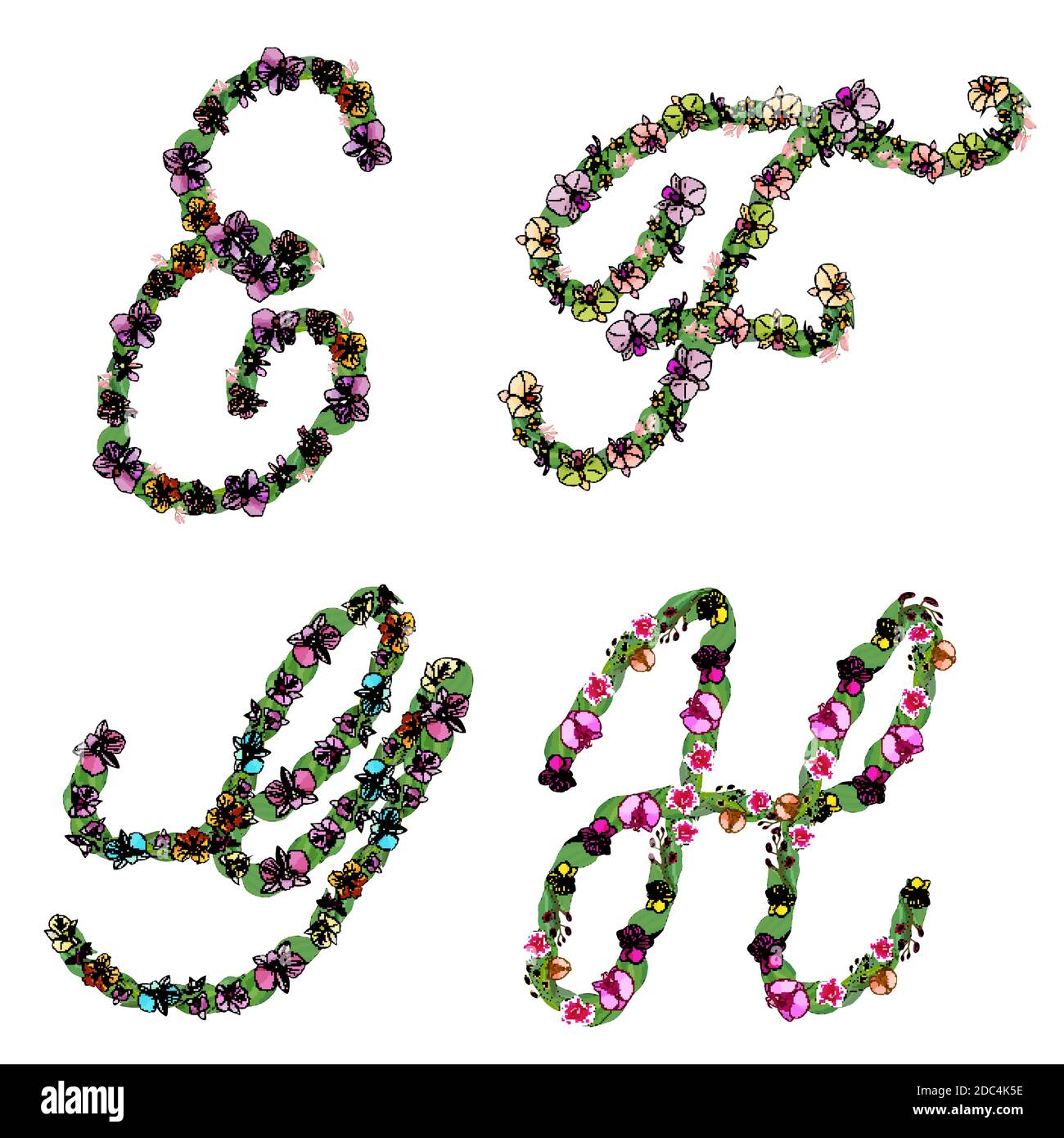 Ensemble d'éléments floraux lettres de l'alphabet E, F, G, H, fait avec des feuilles et des fleurs d'orchidées. Police vectorielle artistique isolée sur blanc. Illustration de Vecteur