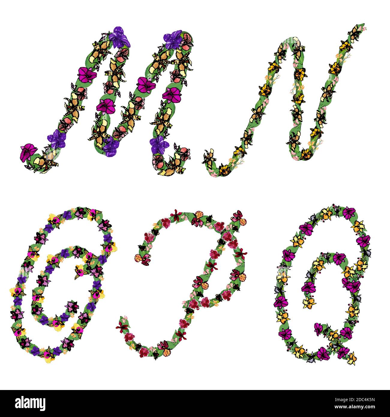 Ensemble d'éléments floraux lettres de l'alphabet M, N, O, P, Q, fait avec des feuilles et des fleurs d'orchidées. Police vectorielle artistique isolée sur blanc. Illustration de Vecteur