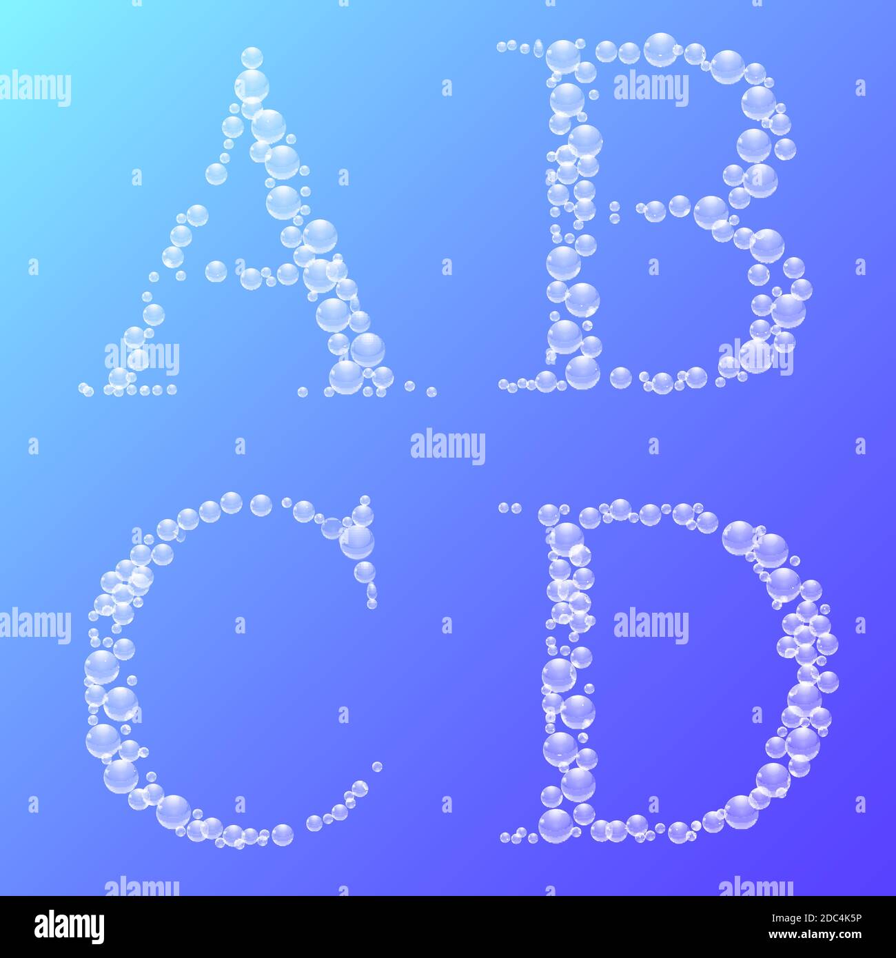 Jeu de gouttes d'eau lettres de l'alphabet latin A, B, C, D. police vectorielle artistique sur fond dégradé. Illustration de Vecteur