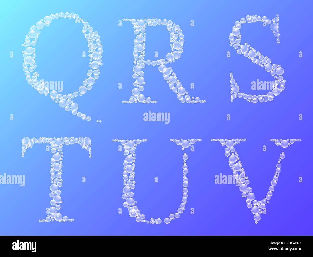 Jeu de gouttes d'eau lettres de l'alphabet latin Q, R, S, T, U, V.. Police vectorielle artistique sur fond dégradé. Illustration de Vecteur