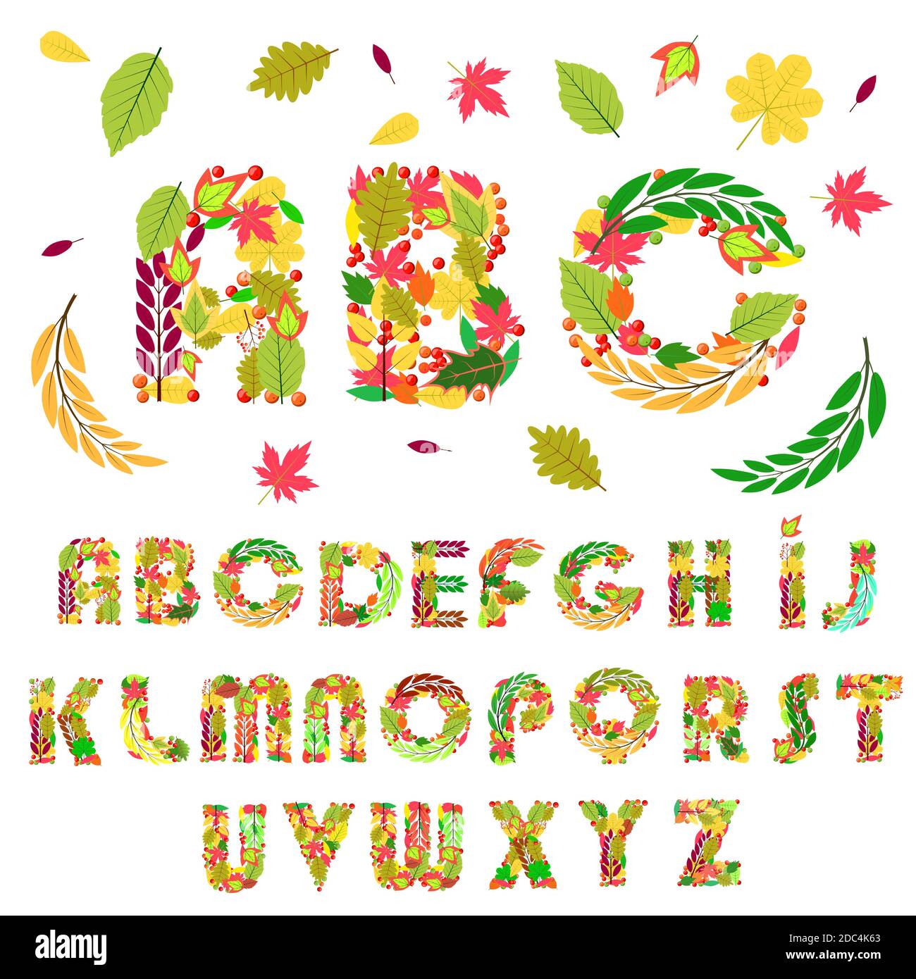 Ensemble de lettres de l'alphabet à éléments floraux, faites de feuilles et de baies. Police vectorielle artistique isolée sur blanc. Illustration de Vecteur
